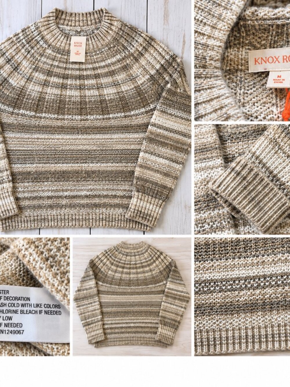 Knox Rose Marled Knit Striped Fair Isle Crewneck Sweater Oatmeal Women’s M